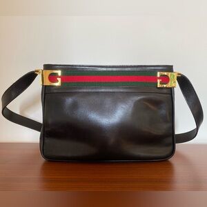 Vintage Gucci Black Leather And Web Accent Shoulder Bag With Gold Toned Hardware